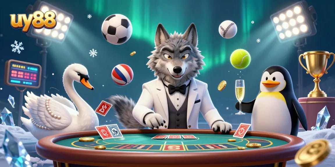 Join the action at uy88 for baccarat excitement with a charming wolf and elegant swan in this vibrant casino scene.