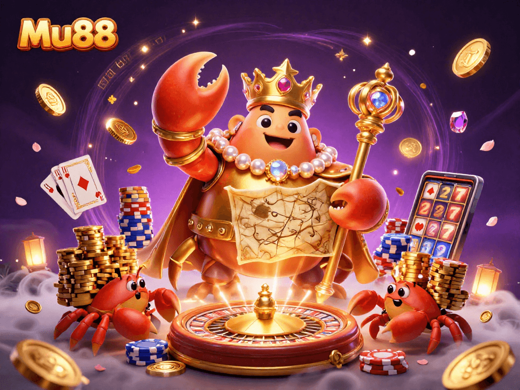 Mu88 glowing crab emperor surrounded by casino elements and treasures in a vibrant 3D illustration.