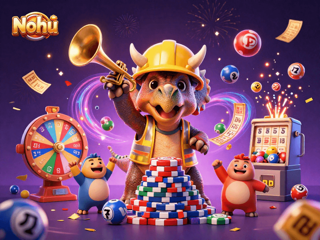 Nohu celebrates with a triceratops and parasaurolophus in a vibrant casino scene.