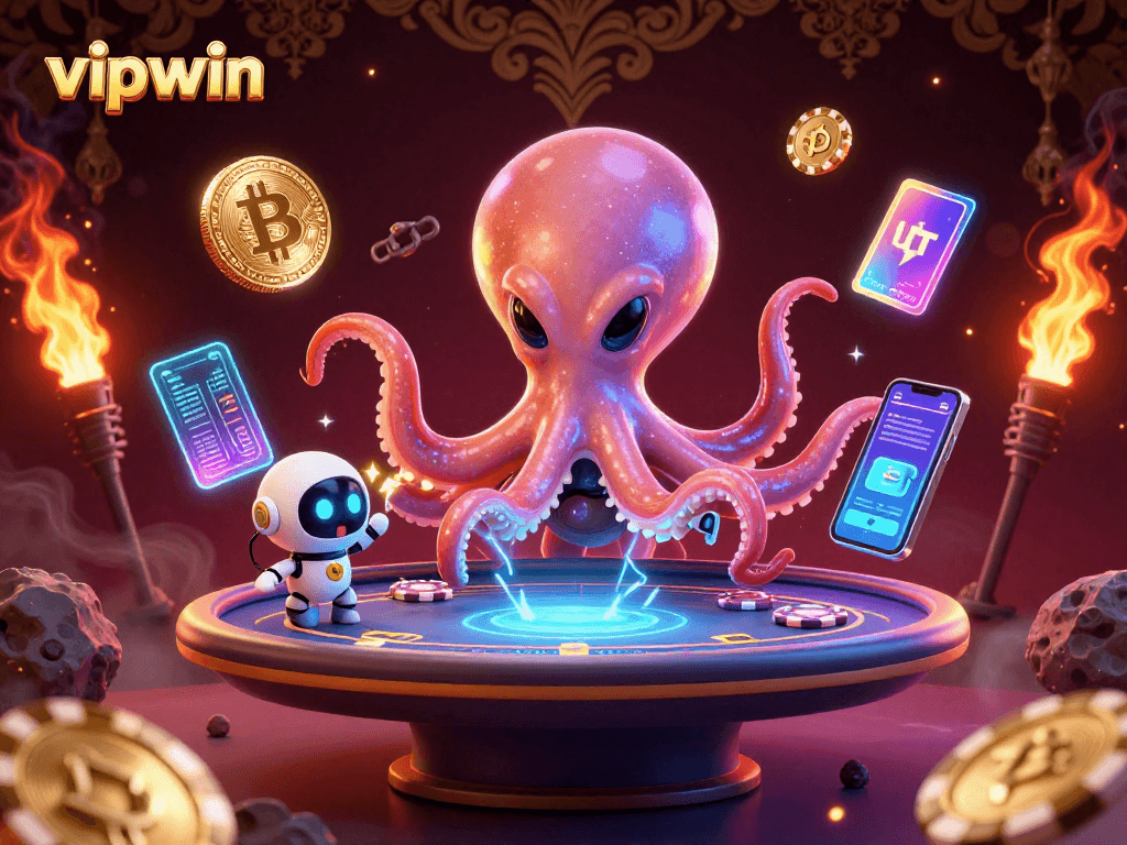 Experience thrilling gameplay at vipwin with a vibrant, dynamic casino scene featuring an alien octopus and cryptocurrency elements.