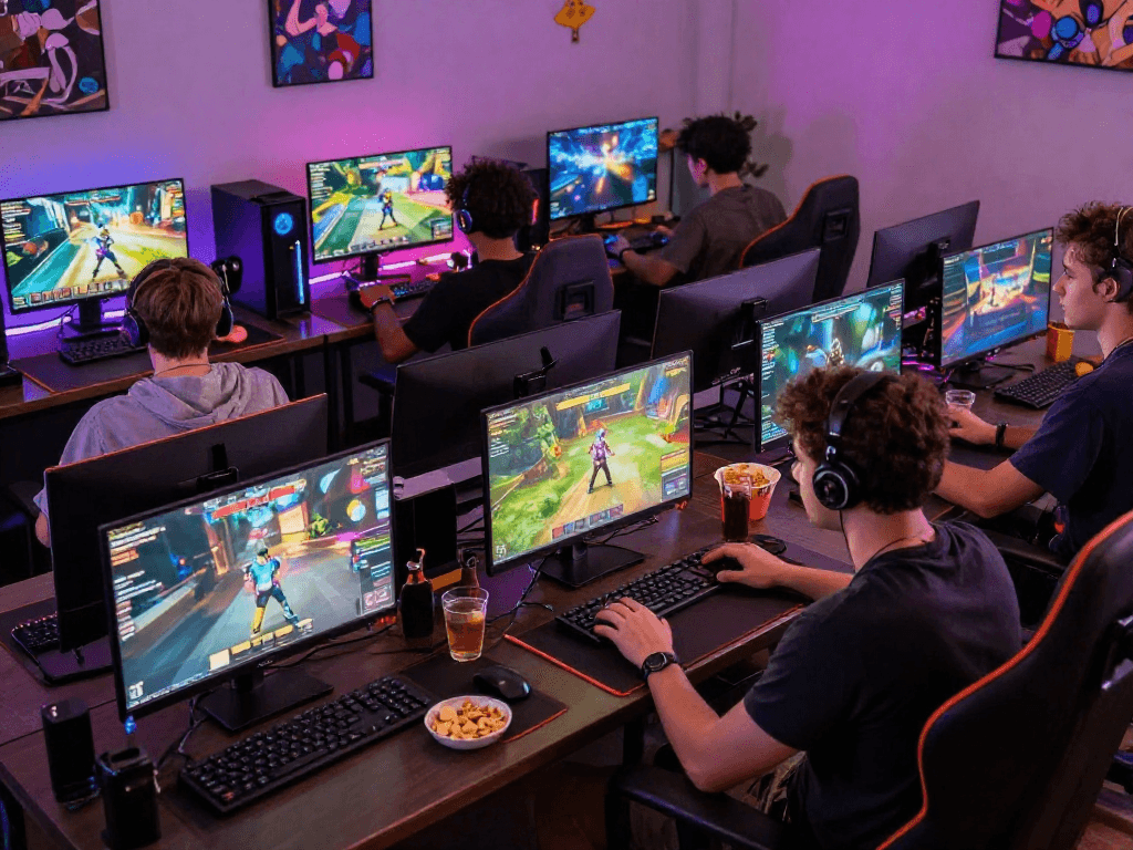 Engaging scene of diverse players enjoying game sex experiences online in a cozy gaming environment.