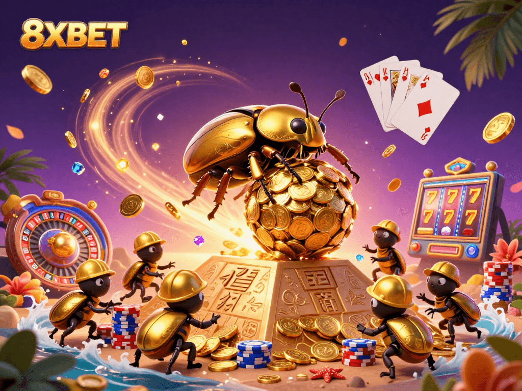 Experience luck and excitement with 8XBET, featuring a dynamic casino scene of a golden dung beetle and treasures.