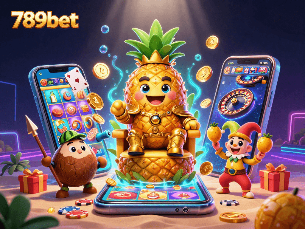 Experience exciting gameplay at 789bet with a vibrant casino scene featuring a golden pineapple king and games.