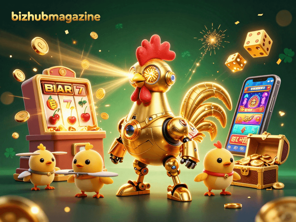 Experience thrilling wins with bizhubmagazine's vibrant casino scene featuring golden rooster robots.