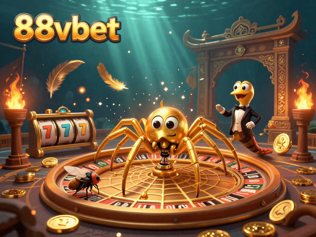 Engage with 88vbet in a vibrant, illustrated casino scene where excitement meets strategic play.