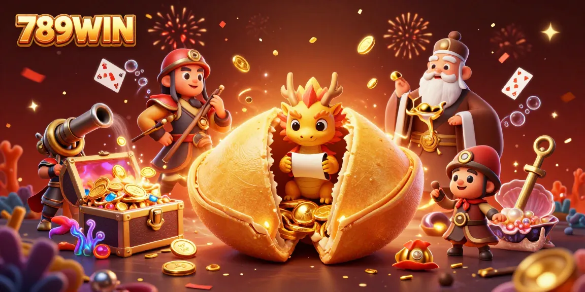 Experience lucky moments with 789WIN as golden fortune cookie and dragon celebrate dynamic gaming with vibrant treasures.