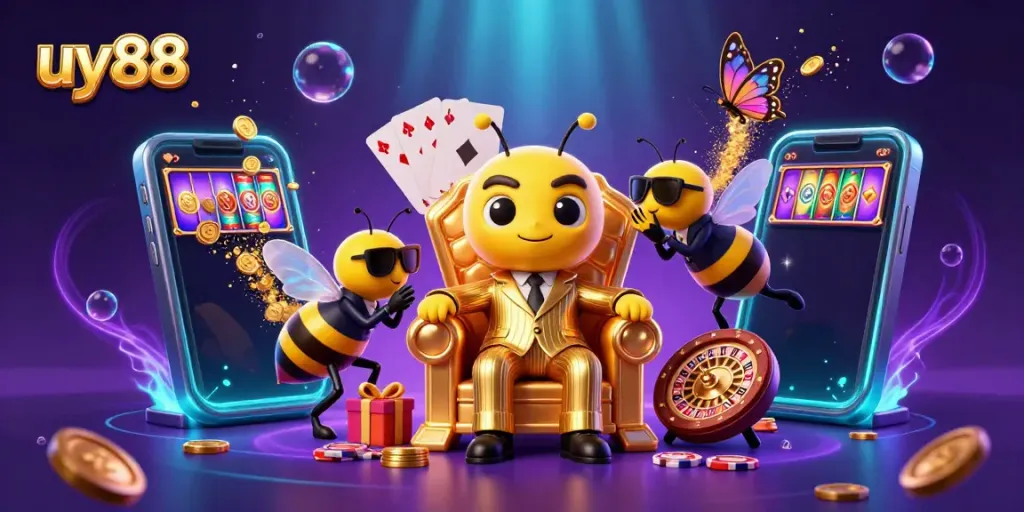 Play slots dynamically with uy88's vibrant Casino world featuring characters and action.