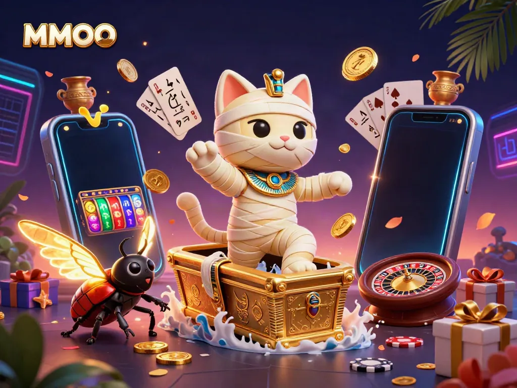 Experience MMOO's exciting casino world with a mummy cat, golden coins, and vibrant slot games.