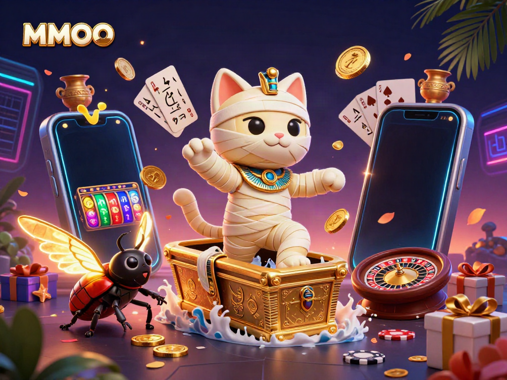 Experience MMOO's exciting casino world with a mummy cat, golden coins, and vibrant slot games.