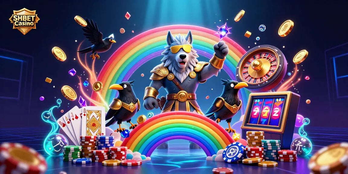 Experience the excitement of SHBET Casino with Odin and his ravens amidst a vibrant casino scene.