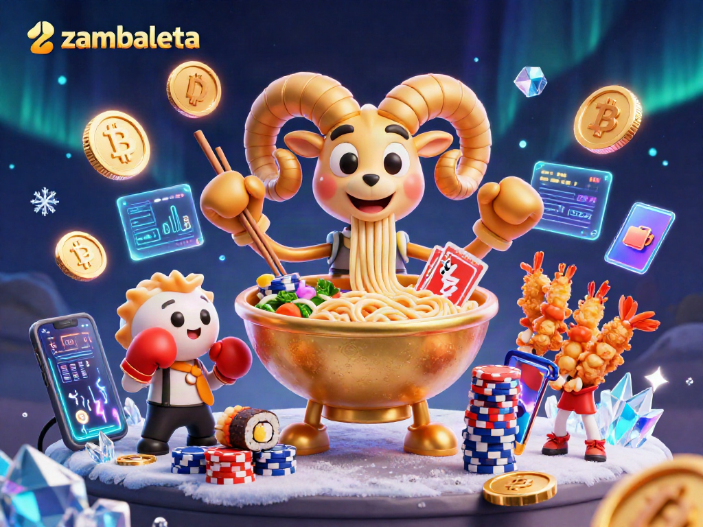 Zambaleta engages in thrilling casino games with vibrant crypto elements and dynamic cuisine characters.