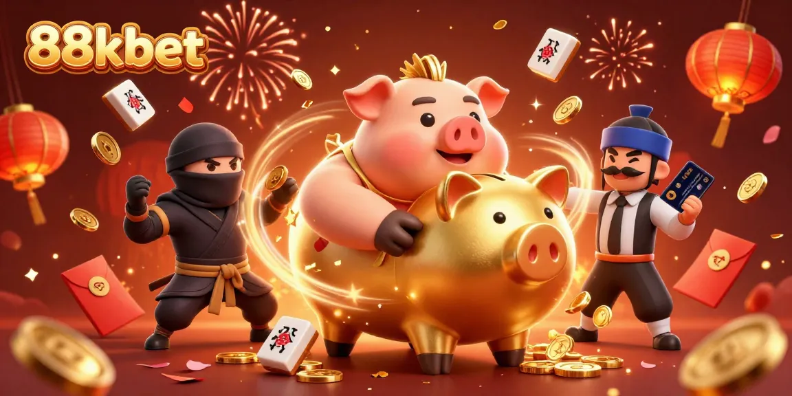 88kbet's exciting illustration featuring a golden piggy bank sumo wrestler amidst casino elements and celebrations.