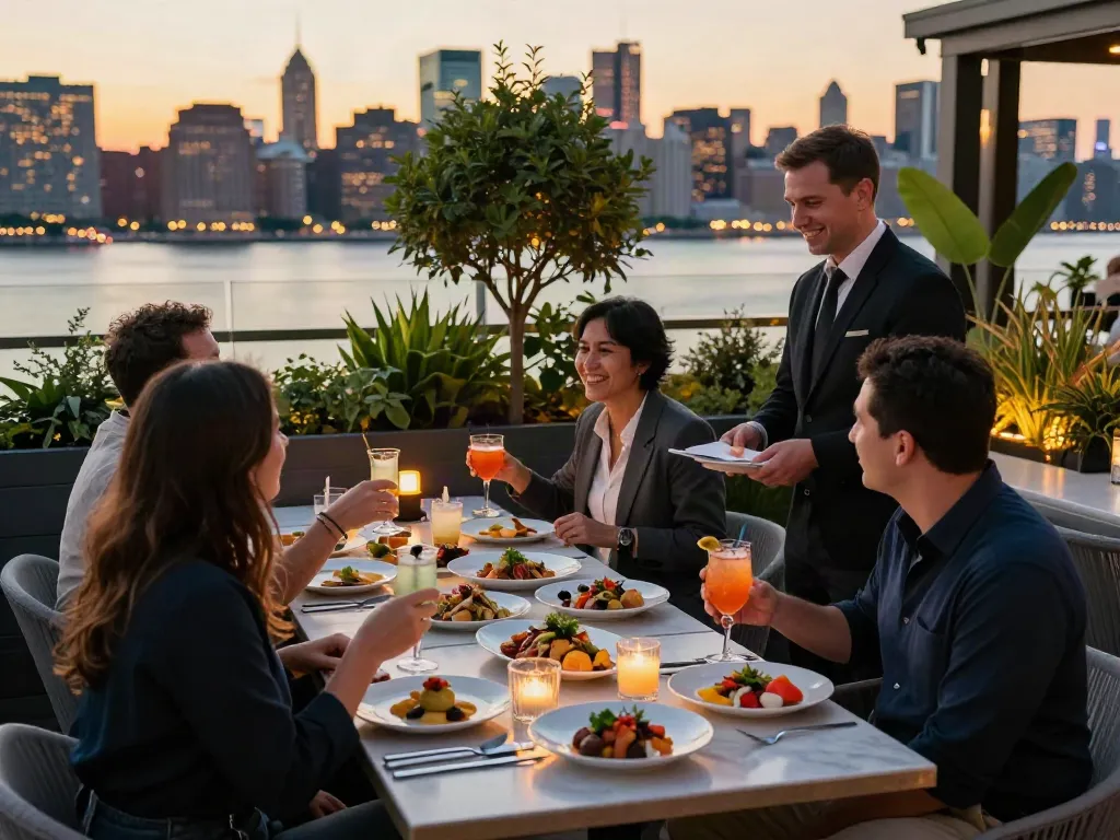 NoHu Restaurant rooftop dining with guests enjoying gourmet dishes and cocktails against a sunset backdrop.