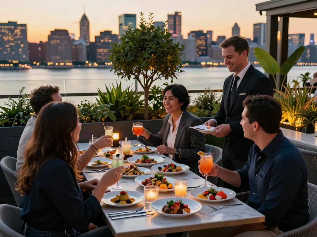 NoHu Restaurant rooftop dining with guests enjoying gourmet dishes and cocktails against a sunset backdrop.