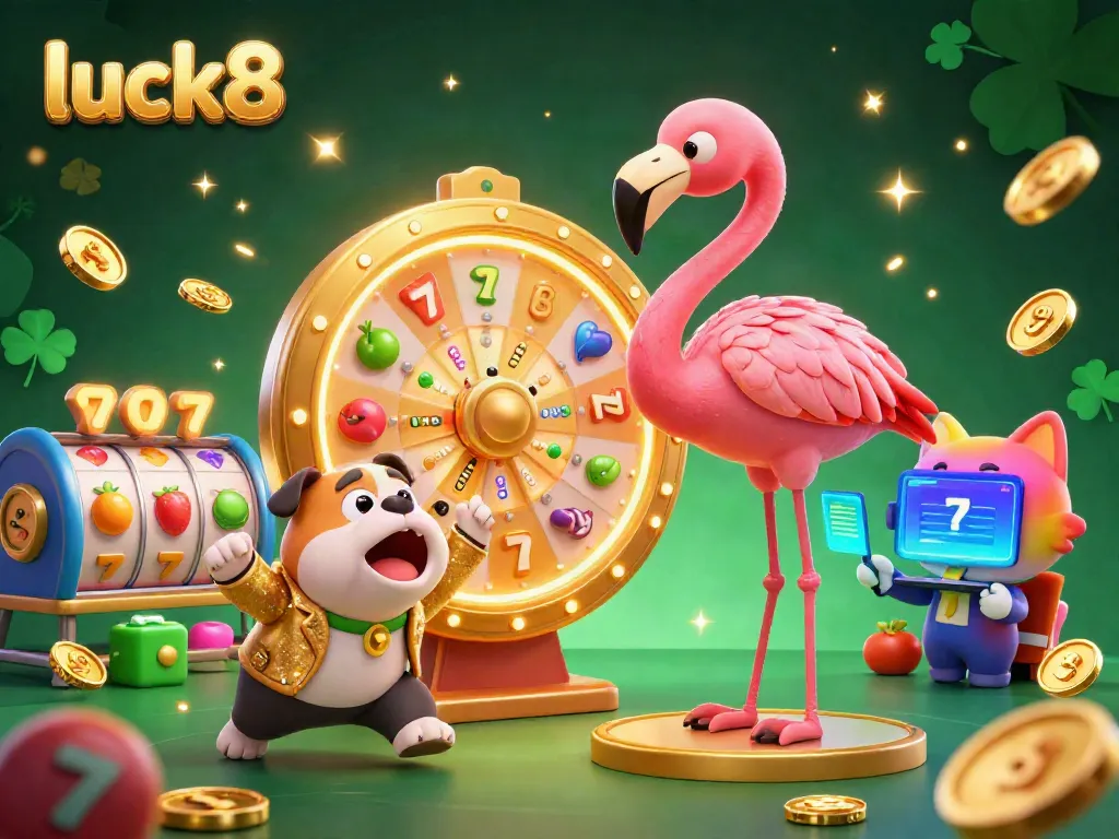 Experience luck8 with a game show host flamingo and bulldog in a festive casino environment full of golden prizes.
