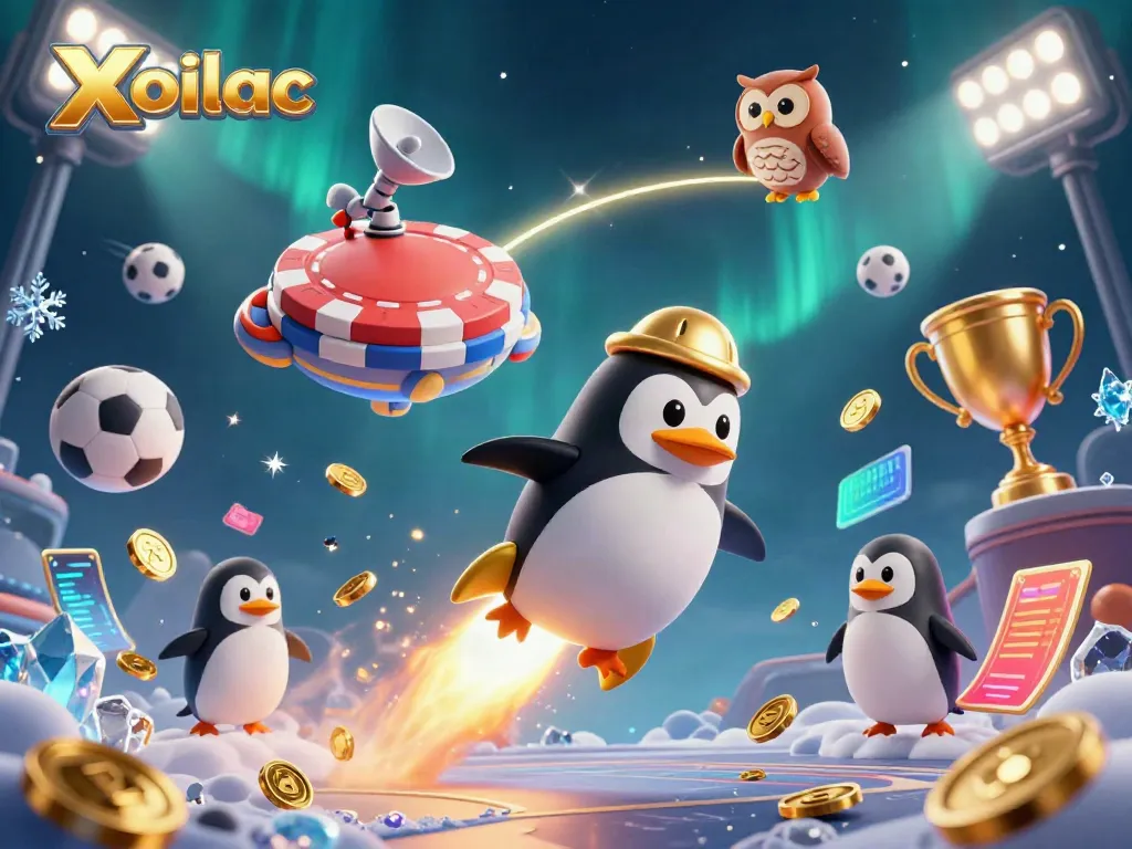 Xoilac penguin blasts through space towards a giant casino chip amidst sports elements and gold coins.