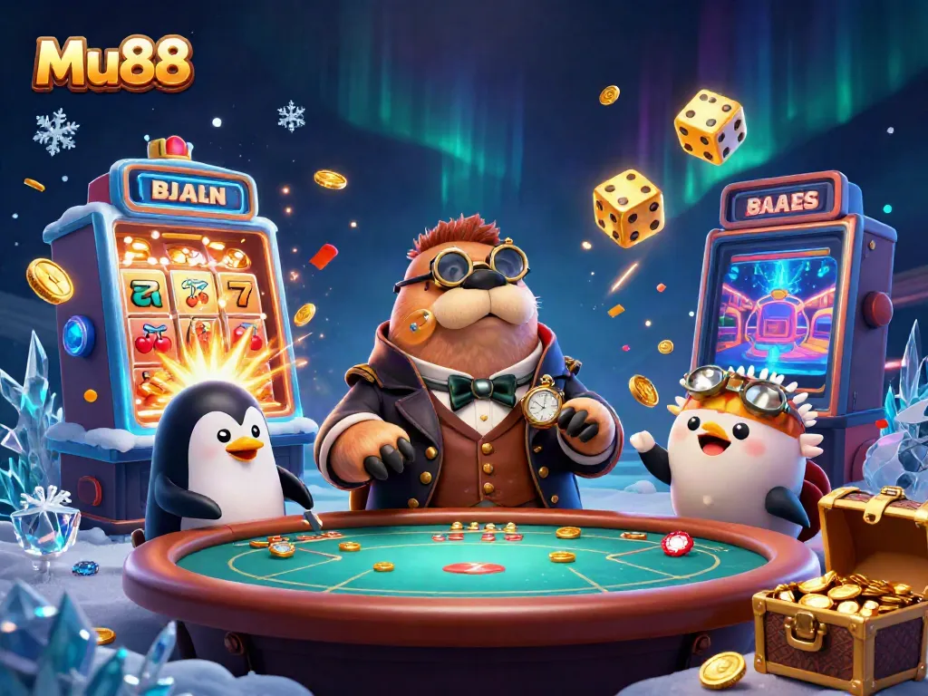 Experience thrilling gameplay at Mu88 with a jolly walrus and penguin dealer in a festive underwater casino.