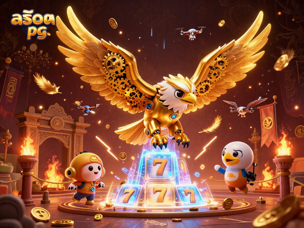 Play สล็อตpg in an exciting dynamic casino scene with golden eagle and holographic slots.