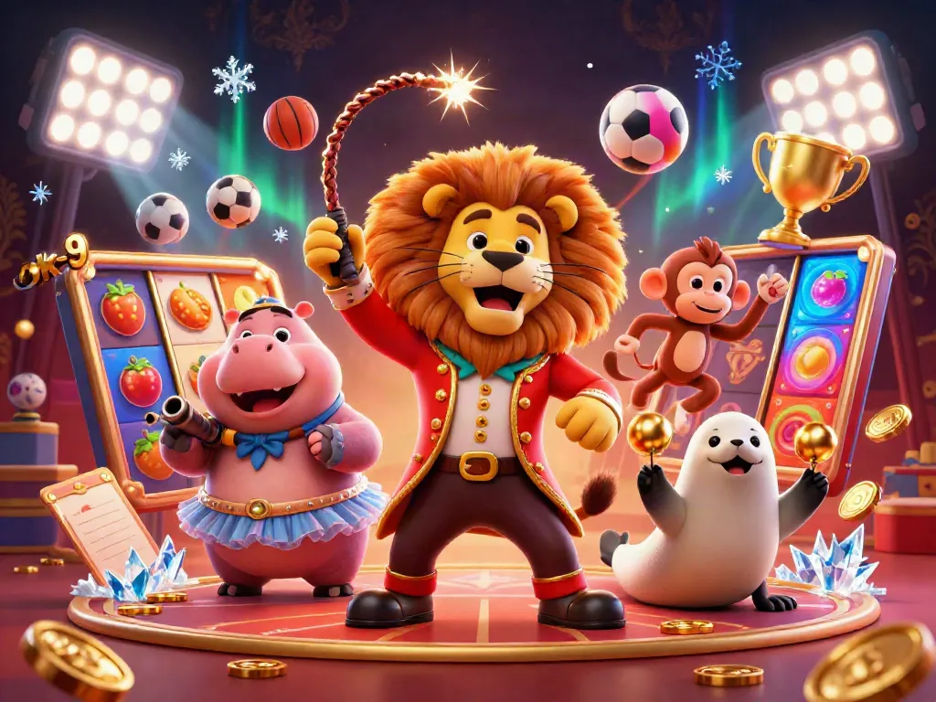 Experience the excitement of ok-9 with a lively casino scene featuring a circus lion, hippo, monkey, and seal surrounded by dynamic game elements.