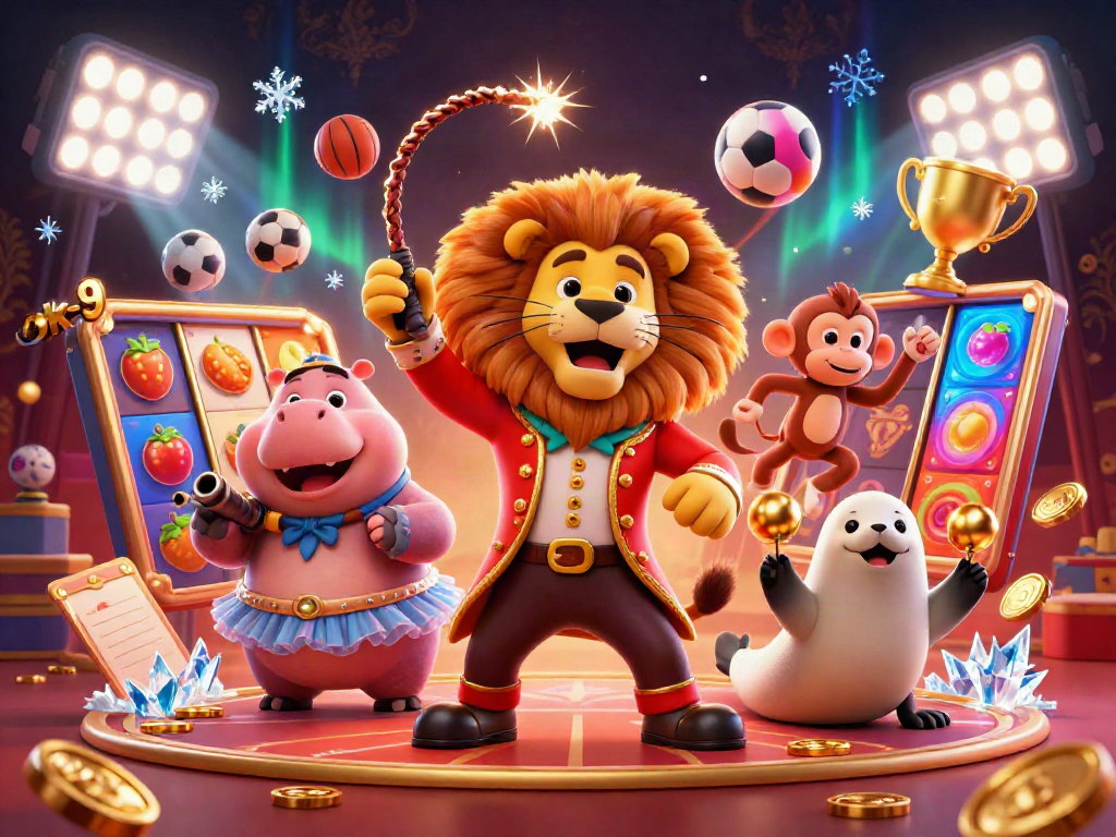 Experience the excitement of ok-9 with a lively casino scene featuring a circus lion, hippo, monkey, and seal surrounded by dynamic game elements.