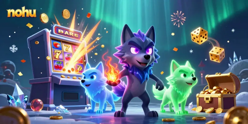 Engage with nohu's exciting casino atmosphere featuring animated wolf leaders amidst jackpot celebrations.