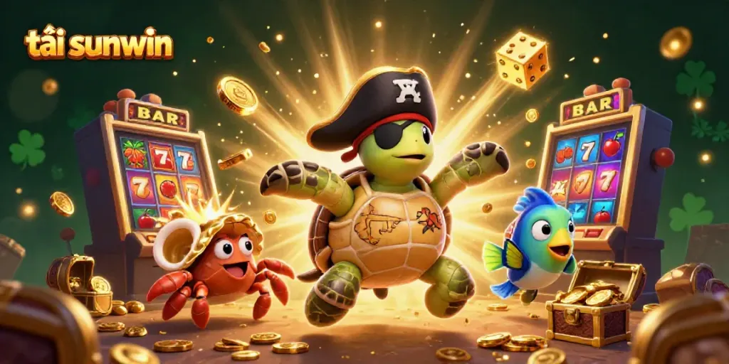 Engage with the thrilling gameplay of tải sunwin, showcased by cartoon pirate characters above a jackpot explosion.