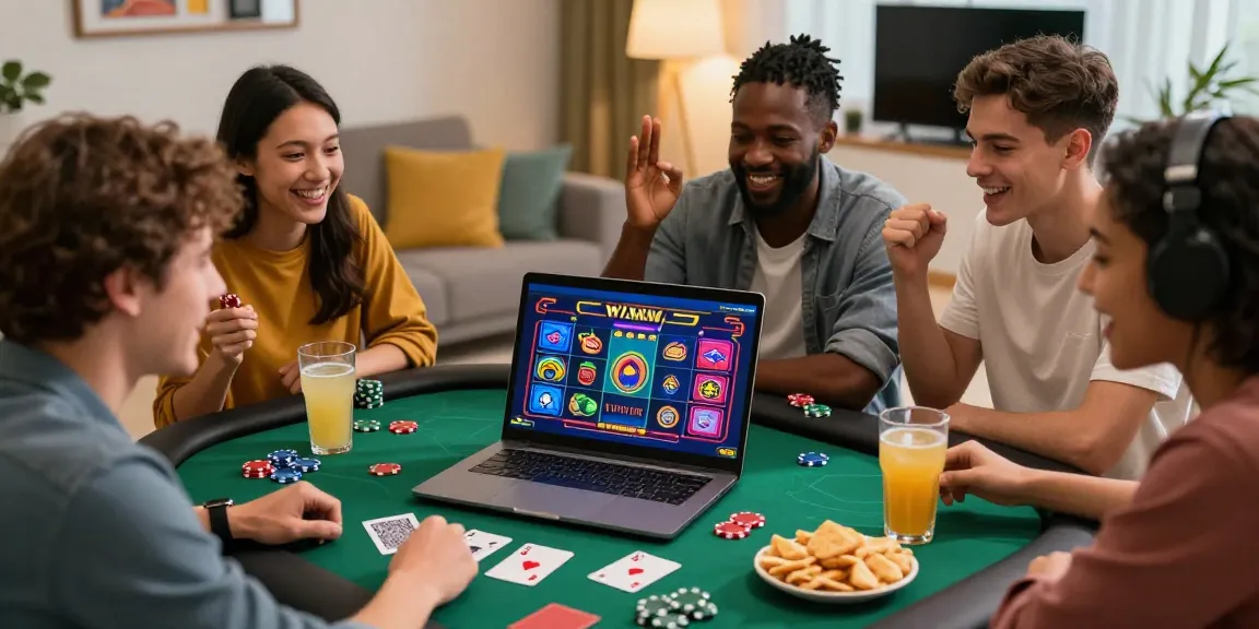 Scena di amici che giocano insieme ai migliori casino online con laptop, fiches e carte sul tavolo.
