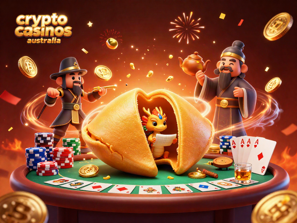 Experience crypto casinos Australia with vibrant 3D illustration featuring Bitcoin coins and poker elements.