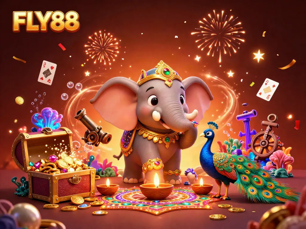 Experience winning moments at FLY88 with captivating 3D illustrations of vibrant gambling themes.