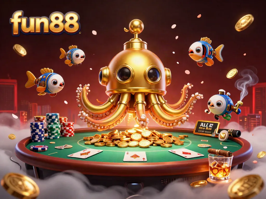 Exciting fun88 gaming scene featuring a golden kraken submarine and poker elements.