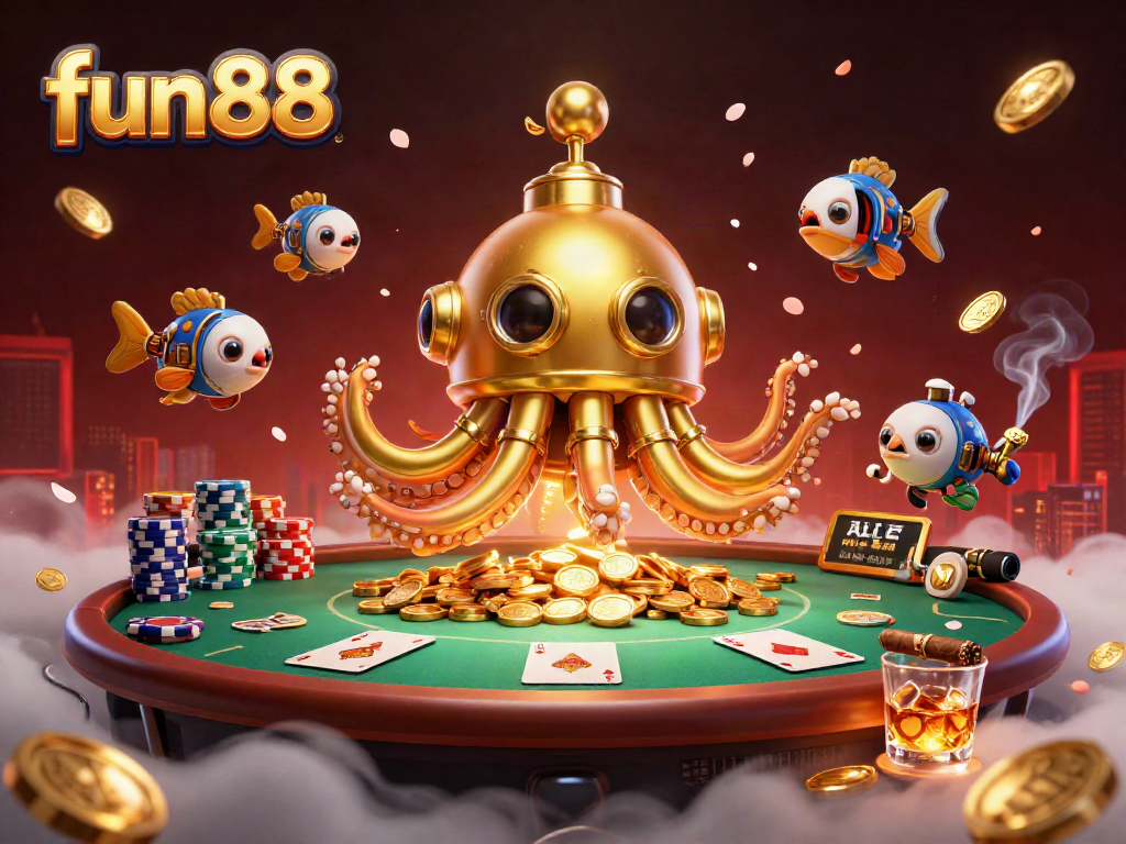 Exciting fun88 gaming scene featuring a golden kraken submarine and poker elements.