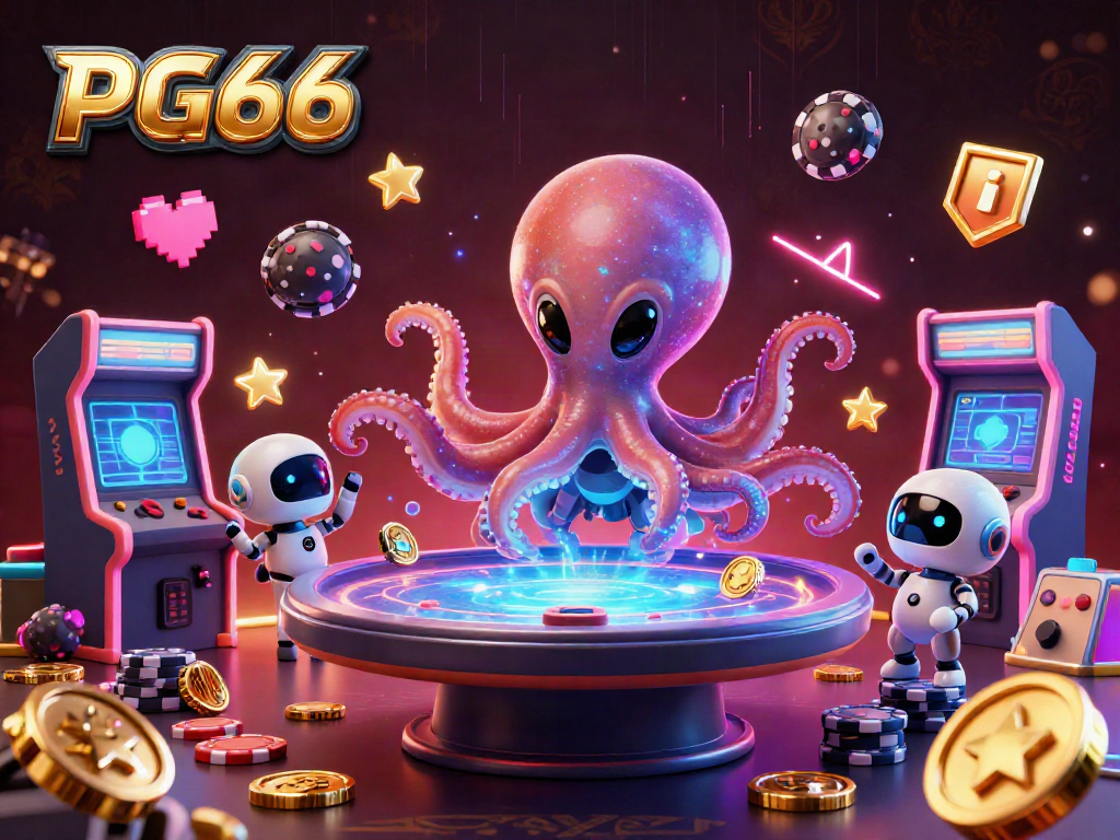 PG66 showcases a vibrant casino scene with an alien octopus at a holographic poker table.