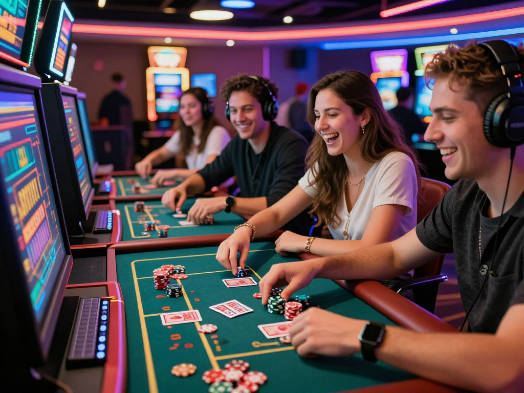 Giocatori entusiasti nei migliori casino online con schermi vivaci e atmosfera elettrica.