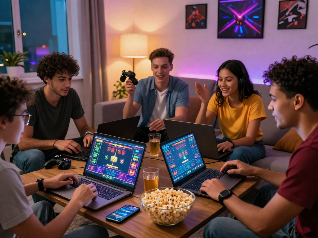 Amici che si divertono nei migliori casino online, coinvolti in un'atmosfera di gioco emozionante.