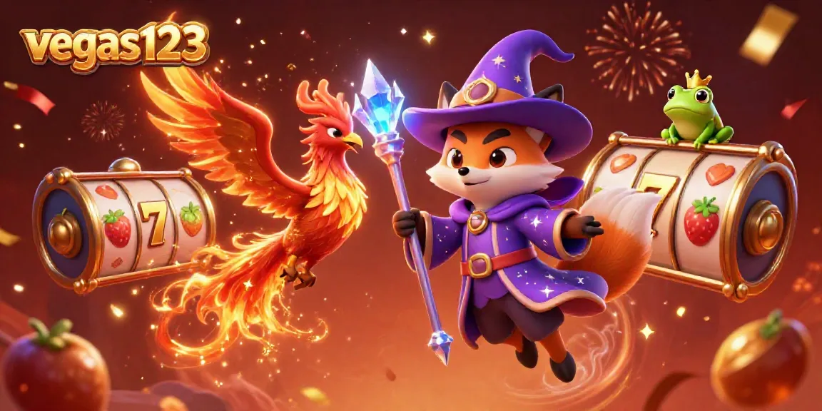 Gambarkan pengalaman bermain di vegas123 dengan pemandangan slot yang meriah dan karakter ajaib.