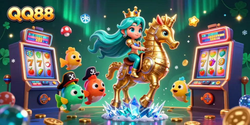 Experience thrilling gameplay with QQ88 in a vibrant 3D casino scene featuring vibrant characters and slot machines.