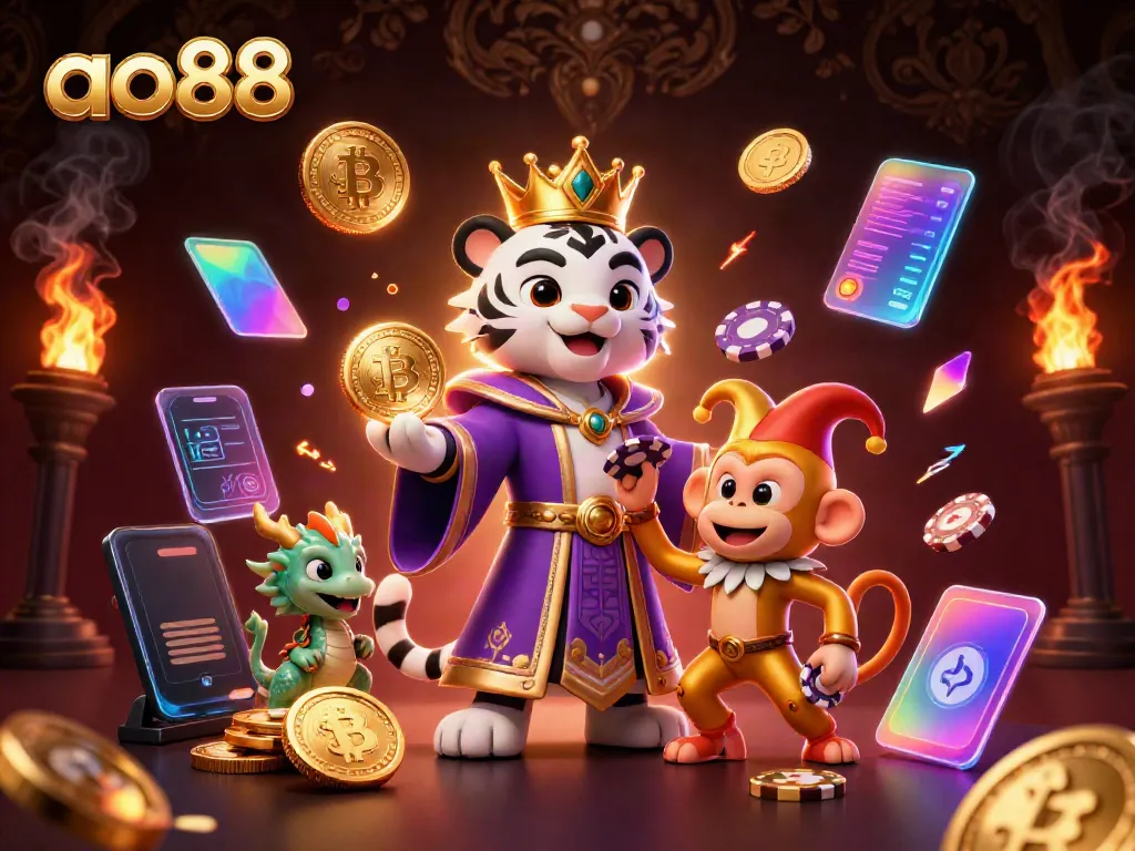 ao88 features an elegant white tiger, golden monkey, and jade dragon in a vibrant, dynamic casino scene.