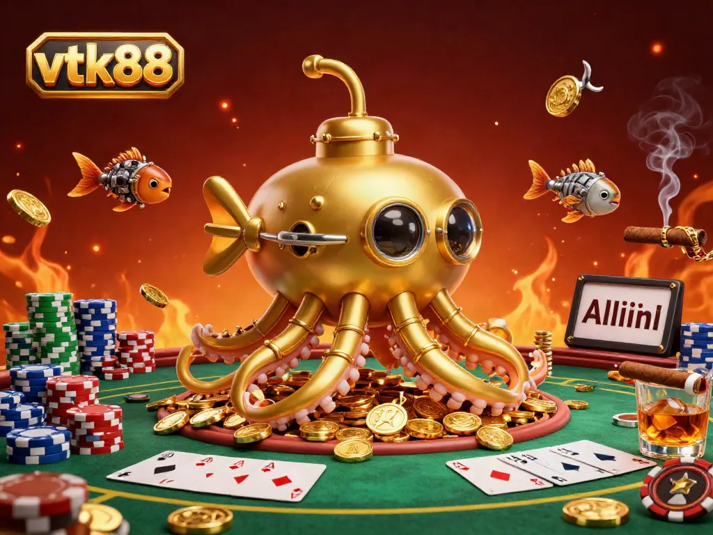 Engage in thrilling poker action at vtk88 with a dynamic kraken submarine amidst golden coins.
