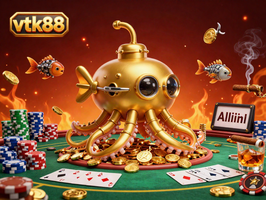 Engage in thrilling poker action at vtk88 with a dynamic kraken submarine amidst golden coins.