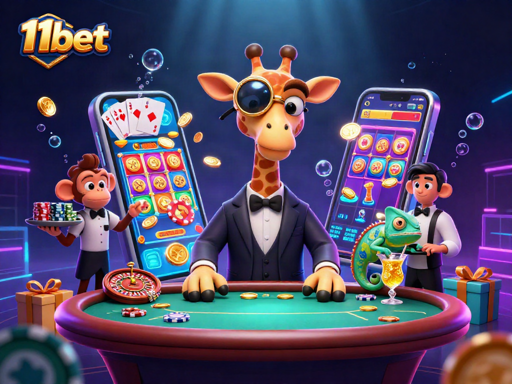 11bet showcases a high-roller giraffe at a poker table amidst a vibrant casino scene.