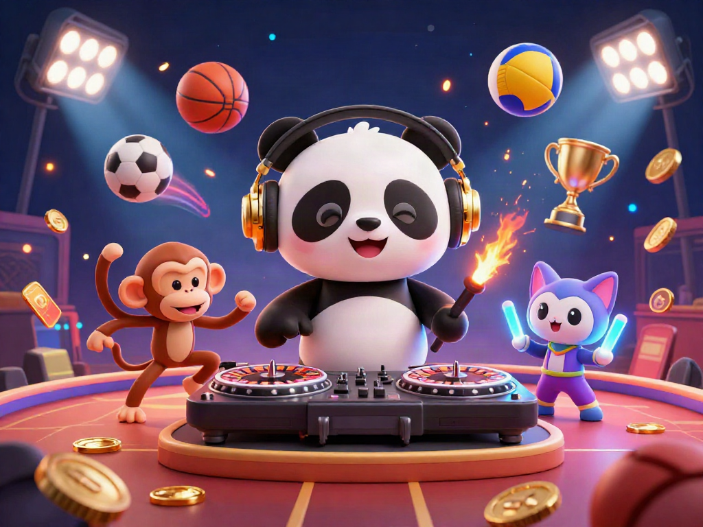 Experience vibrant energy at five88bet's lively casino with a DJ panda, dancing monkey, and glow-stick kitten.