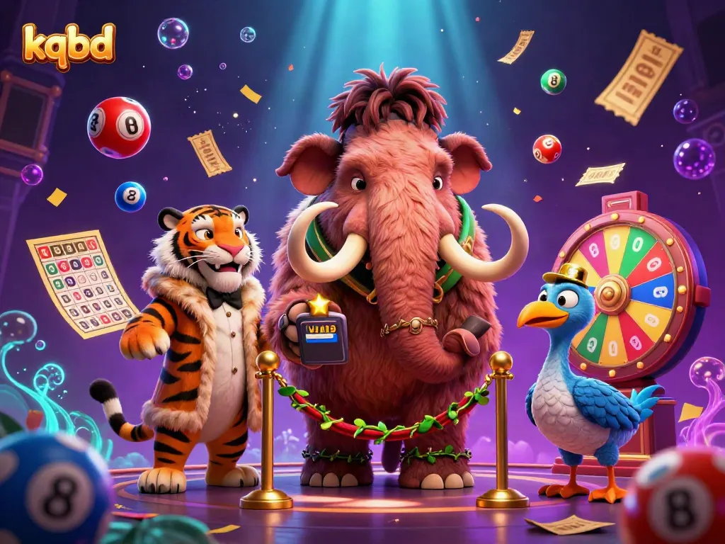 kqbd engaging illustration of a mammoth bouncer, tiger VIP, and dodo doorman amidst vibrant casino elements