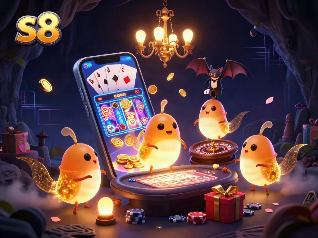 Engage in the thrilling s8 slot game experience with dynamic glowworms lighting up a vibrant casino scene.