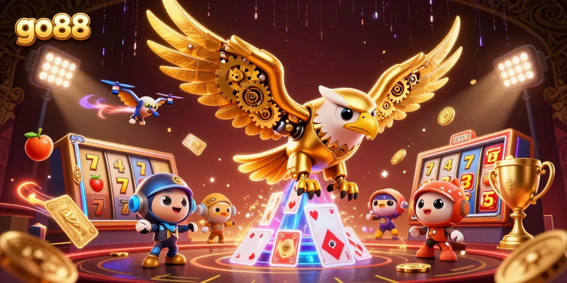 Engage in dynamic gameplay at go88 with a 3D golden eagle amidst holographic card action.