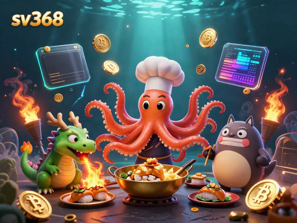 Experience the vibrancy of sv368 with a sushi chef octopus and dragon in a dazzling casino-themed scene.