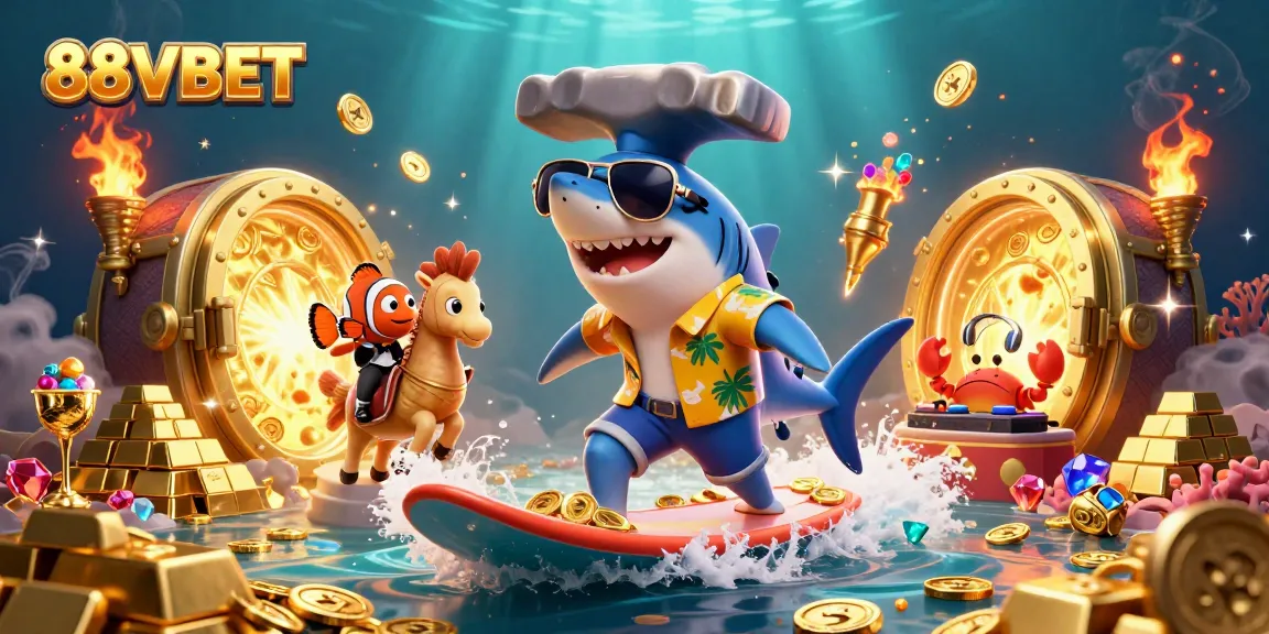 Engage with exciting gaming action featuring 88VBET where a shark surfs gold coins amidst vibrant casino elements.