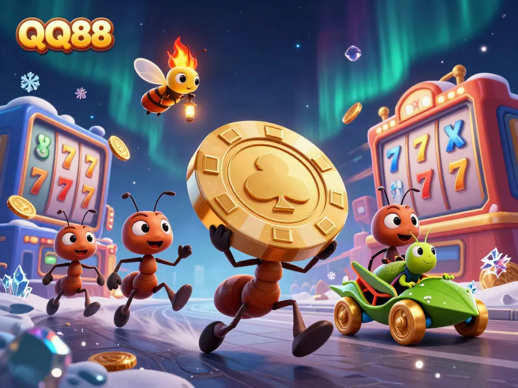 Ants carry a giant poker chip in an exciting casino heist scene with QQ88 branding.