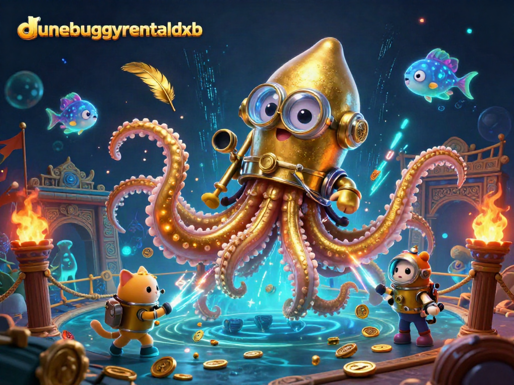 Engage in thrilling dunebuggyrentaldxb adventures with a kraken and diving cat amidst vibrant gaming elements.