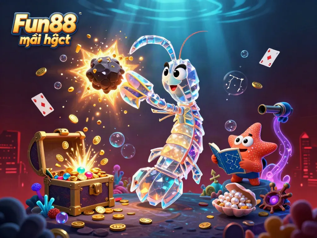 Experience Fun88 mới nhất as a galactic samurai shrimp battles asteroids, bursting gems and coins in action-packed gaming scenes.