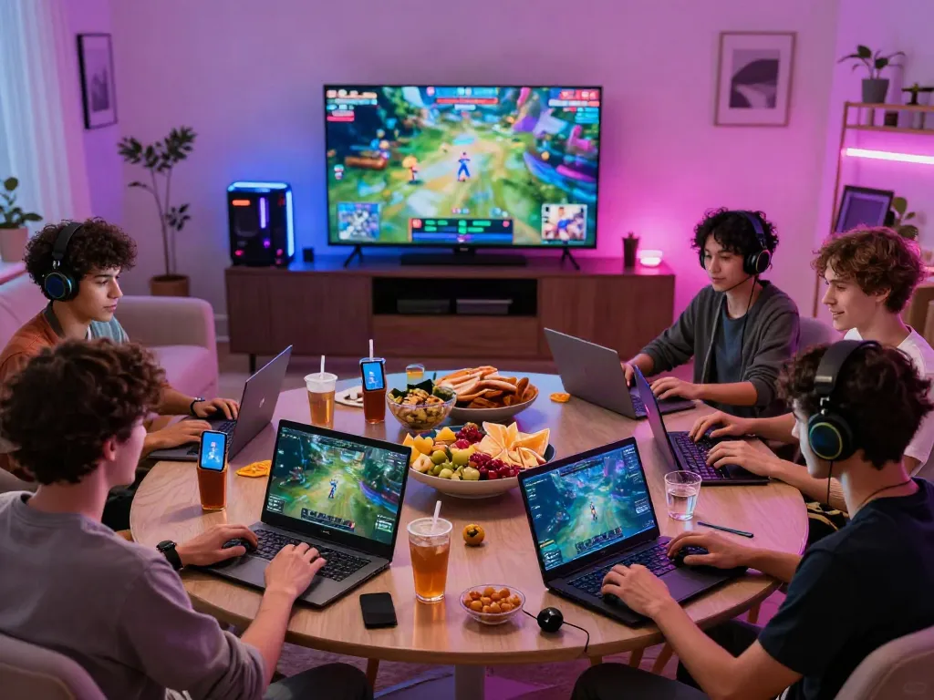Friends enjoying sv88 gaming experience together in a lively living room